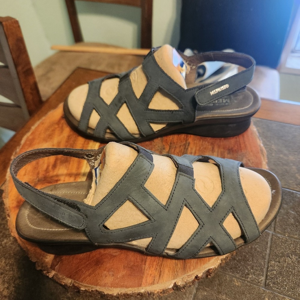 Mephisto Pamela Leather Sandals Deep Blue‎ Sz 39 Strappy Slingback Air Relax
